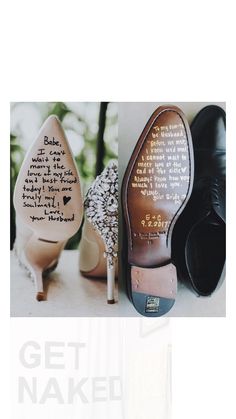 three different types of shoes with writing on them