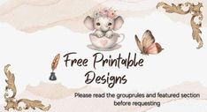 an elephant is sitting in a cup with butterflies around it and the words free printable designs