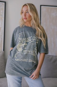 Oversized T Shirt Country Chic Boutique Retro T-shirt For Summer Country Concerts, Spring Distressed Graphic Tee T-shirt, Trendy Festival T-shirt With Graphic Print, Summer Distressed Band Merch T-shirt, Graphic Print Crew Neck T-shirt For Country Concerts, Fall Letter Print T-shirt For Country Concerts, Casual Summer T-shirt For Concerts, Music Festival Graphic Tee T-shirt Soft-washed, Relaxed Fit Short Sleeve T-shirt For Music Festival