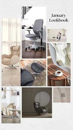 an article about furniture and interior design in white, black and grey colors with the title'january lookbook '