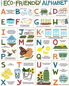 an alphabet poster with pictures of plants and animals