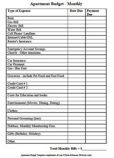 the printable budget sheet for an apartment