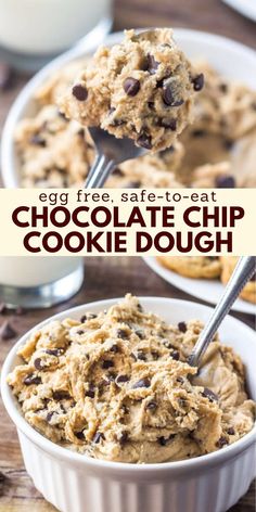 cookie dough in a white bowl with chocolate chips on top and text overlay that reads, cookie dough safe to eat & tastes exactly like the real thing