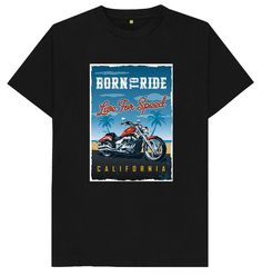 a black t - shirt with an image of a motorcycle and palm trees in the background