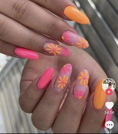 Pink And Orange Nails, Unghie Nail Art, Spring Acrylic Nails, Summery Nails, Cute Summer Nails, Neon Nails, Orange And Pink