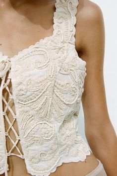 BEADED EMBROIDERED TOP - Oyster-white | ZARA United States Embroidered Crochet Top, Lace Top With Sweetheart Neckline, Elegant Summer Lace Corset, Elegant Embellished Summer Corset, Elegant Summer Embellished Corset, Spring Lace Tops With Boned Bodice, Spring Lace Top With Corset Back, Summer Lace Corset With Sweetheart Neckline, Spring Lace Sleeveless Corset