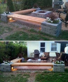 two pictures side by side of a backyard with an outdoor fire pit and seating area