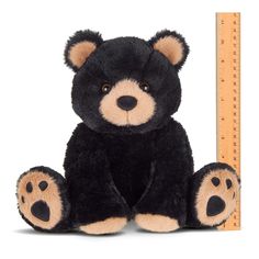 a black teddy bear sitting next to a ruler