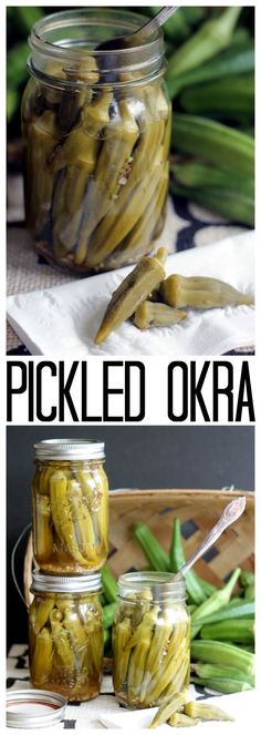 pickled okra in glass jars with spoons