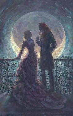 a painting of a man and woman standing on a balcony looking out at the moon