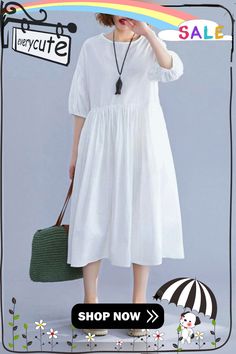 Women Lantern Sleeve Cotton Tunics Sewing White Cotton Dress Summer White Cotton A-line Dress, White Cotton Shift Midi Dress, White Cotton Midi Dress, White Shift Midi Dress For Spring, Spring Daywear Shift Midi Dress, Casual A-line Midi Dress For Daywear, White Non-stretch Casual Midi Dress, Casual Non-stretch White Midi Dress, White Cotton Folk Style Kaftan