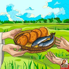 two hands holding a basket with bread and fish in it while another hand reaches out to touch the bread