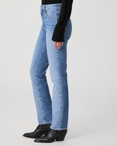 This modern straight leg creates a long, lean silhouette with an ultra high rise and a long 31" inseam that sets it apart from our other straight fits. Designed for the woman who loves a nostalgic, ‘90s inspired look, but also values comfort at the same time, this pair is cut from our bestselling PAIGE Vintage denim in a classic light wash with vintage-inspired details. PAIGE Vintage takes all of the work out of breaking in your favorite pair of vintage jeans. We've combined the comfort of stret Denim Blue Pull-on Straight Leg Bottoms, Comfort Stretch Pull-on Straight Leg Jeans, Nostalgic 90s, Soft Jeans, Breaking In, Men Store, Denim Shoes, 90s Inspired, Walk Of Fame