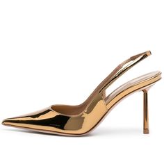 Elevate your style with these Classic Metallic Gold Pointy Toe Slingback Pumps. Featuring a sleek design, stiletto heel, and slingback strap, they are perfect for adding glamour to any outfit. Color: Gold Material: Metallic finish Heel Type: Stiletto heel Heel height: 3.15" / 80 mm approx Product measurements were taken using size 8. Please note that measurements may vary by size. Toe: Pointed toe Elasticated slingback strap Slip-on style Handcrafted US sizing. Fits true to size. Glamorous Pointed Toe Slingback Pumps For Dinner, Party Patent Leather Slingback Pumps With Heel Strap, Chic High Heel Slingback Pumps For Dinner, Patent Leather Slingback Pumps With Heel Strap For Party, Chic Slingback Pumps For Dinner, Elegant Slingback Pumps For Dinner With Pointed Toe, Glamorous Patent Leather Slingback Pumps, High Heel Patent Leather Slingback Pumps For Night Out, Party Patent Leather Slingback Sandals With Branded Heel