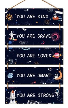 PRICES MAY VARY. Space Theme Wall Decor: you will receive a package containing 5 pieces outer space sign with different inspirational quotes, the space decor signs are designed with multiple outer space patterns, such as rockets, space ships, moon, planets, earth; must be widely favored by kids, especially suitable for boys' room wall decoration. Build up Positive Atmosphere: the outer space room decor for boys features motivational words and delicate patterns, like [You Are Kind] [You Are Brave Space Room Ideas For Boys, Bedroom Wall Art Inspiration, Solar System Room For Kids, Outer Space Room For Boys, Nursery Ideas Space Theme, Space Theme Room For Boys, Space Theme Room Decor, Kids Space Theme Bedroom, Space Themed Decor