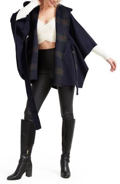 Fall in love with the soft and sumptuous feel of this wool-blend cape featuring side slits for easy movement and a tie belt to complete the look. 31 1/2" length (size Small) Fixed hood Tie belt Unlined 50% wool, 50% polyester Dry clean Imported Model stats: 5'10" height, 32" bust, 25" waist, 36" hip. Model is wearing size Small. Fall Workwear Poncho Cape, Wool Poncho For Workwear, Chic Winter Outerwear With Kimono Sleeves, Chic Fall Wrap Poncho, Wool Wrap Outerwear For Fall, Elegant Winter Outerwear With Kimono Sleeves, Chic Wool Cape For Fall, Calvin Klein Briefs, Maternity Jumpsuit