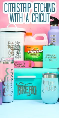 some cups and containers are sitting next to each other with the words citristrip etching with a cricut on them