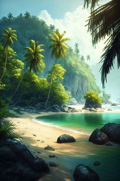 an image of a tropical beach scene with palm trees