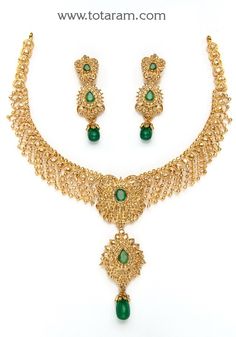 22 Karat Gold Necklace & Drop Earrings Set with Uncut Diamonds & Emerald
   - 235-DS386 - in 61.050 Grams for USD $7174.04. 
Made in India by Totaram Jewelers Online this product is in Gold - 22 Karat BIS Hallmark 916 KDM Gold  & is an excellent gift for Adult - Women. Ships fully insured with secured guaranteed delivery for free with your order over $250 from New Jersey USA & comes with 30 days exchange policy. 22k Yellow Gold Emerald Necklace For Wedding, Elegant 22k Gold Emerald Necklace, Traditional Gold Emerald Necklace For Reception, Gold Emerald Necklace With Intricate Design For Reception, Gold Temple Jewelry Style Emerald Necklace For Reception, Gold Emerald Necklace For Reception In Temple Jewelry Style, Gold Emerald Necklace For Receptions, Temple Jewelry Style, Gold Emerald Necklace For Formal Festivals, Festive Gold Emerald Necklace For Reception