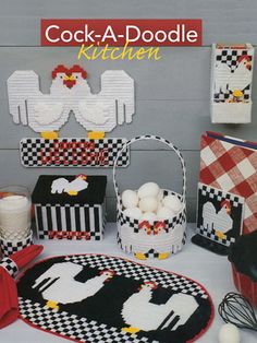 an advertisement for a kitchen with chickens and roosters on the rug, eggs in buckets, chicken - a - doodle