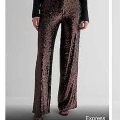 Absolutely Stunning Chocolate Brown Sequin Pull On High Waisted Wider Leg Dress Pants, Fully Lined, Front Slant Pockets, Metallic Bronze Color, Size Is A 10 Regular And Inseam Is 31.5”, These Pants Have Some Weight To Them. Fitted Sequin Bottoms For Holiday Party, Glamorous Fitted Bottoms For Holiday Party, Elegant Sequined Bottoms For Holiday Party, Chic Bottoms For Date Night And Holiday Season, Chic Bottoms For Date Night And Holiday, Elegant Fitted Bottoms For Holiday Party, Elegant Fitted Pants For Cocktail, Elegant Fitted Cocktail Pants, Chic Fitted Bottoms For Holiday Party