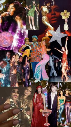 the collage shows many different people dressed in disco outfits