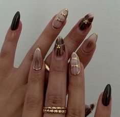 Brown nails Autumn Nail Asthetic, Simple Autumn Nails Almond, Gel Polish Nail Designs Brown, Nails Inspo 2024 Fall, Black Brown Nail Art, Brown Nails And Gold, Brown Fall Nail Set, Brown Almond Nails For Fall, Brown Nails Inspo Aesthetic