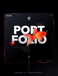 a black and red poster with the words port folio on it's side