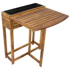 a wooden table with a black tray on it's top and two legs at the bottom