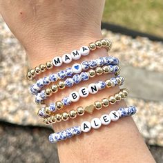 Blue Flower Personalized Name Bracelet, Custom Postpartum Mom Gift, New Mom Gift, Baby Shower Gift, Mothers Day Gift, Expecting Mom Gift Word Bracelets, Bracelets Black, Expecting Mom Gifts, Stacking Bracelets, Word Bracelet, Letter Beads, Name Bracelet, Black Letter, White Acrylic