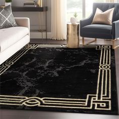 a black area rug with gold trimmings in a living room