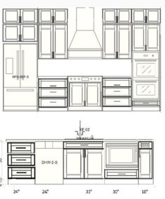 two drawings of kitchen cabinets and drawers with the measurements for each cabinet, one has an oven