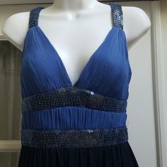 Nwt Sue Wong Blue And Dark Blue Sequined Short Cocktail Dress - Size 10 -Straps Cross In The Back And Are Fully Sequined. The Designer Sue Wong Is World Renowned. She Designs Romantic, Embellished Dresses - This Is One Of Her More Subdued Designs, But An Eye Turner Nonetheless. 100% Silk Overlay That Is Fully Lined. Zipper Is On The Side. Fabric Is Delicate And Has A Couple Of Imperfections (See Pix), At Bust Area, But Hardly Noticeable. Also Has An Extra Packet Of Sequins Should You Need Them. Embellished Dresses, Silk Overlay, Sue Wong Dresses, Sequin Dress Short, Sue Wong, Short Cocktail Dress, Sequin Shorts, Embellished Dress, Short Dress