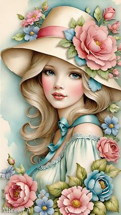 a painting of a girl with flowers on her hat