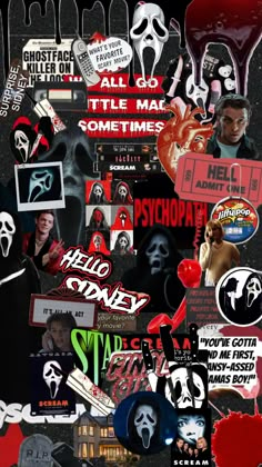 a collage of stickers and decals from the movie scream zone, including posters