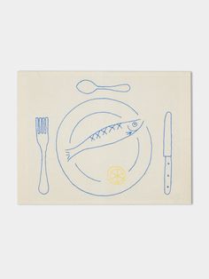 a drawing of a fish on a plate next to a fork, knife and spoon