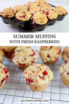 some muffins with fresh raspberries are on a cooling rack and one is half eaten