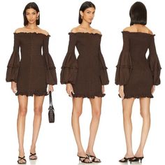 $380 Nwt Joslin Off The Shoulder Ruffle Smocked Karlie Dress Chocolate Women Us4 Msrp: $380 Item Condition: New With Tags Brand: Joslin Size: Us 4 Color: Chocolate Off The Shoulder Balloon Sleeve Ruffle Details Smocked Details Mini Length Button Front 100% Cotton Pit To Pit 14.5'' Stretch Waist 13'' Stretch Length 32'' Princess, Fairycore, Bridgerton, Prairie, Prairiecore, Cottagecore, Hippie, Hipster, Gypsy, Y2k, Preppy, Evening Wear, Formal Wear, Special Events, Party, Cocktail, Elegant, Sophi Y2k Preppy, Color Chocolate, Formal Wear, Evening Wear, Special Events, Smocking, Off The Shoulder, Mini Dress, Womens Dresses