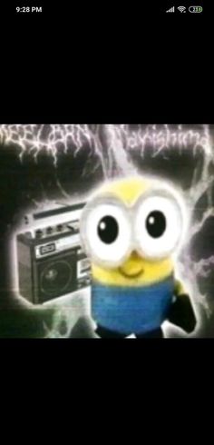 a minion is holding a boombox in front of a black background with lightning