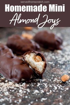 a halved mini almond joy on a counter with Pinterest pin text. Almond Joy Bars Recipe, Candy Almonds Recipe, Almond Joys, Almond Joy Bars, Dessert Inspiration, Almond Joy Cookies, Easy Candy, Candied Almonds, Christmas Candy Recipes