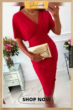 Summer Elegant Short Sleeve Chic V-neck Mid Length Dress Lady Sexy Solid Tight Party Dress Fashion Temperament Slim Office Dress Mid Length Dress, Summer Elegant, Drape Sleeves, Office Dress, Office Dresses, Mid Length Dresses, Event Dresses, Patterned Shorts, Dress Fashion