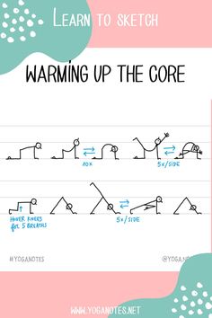 an exercise sheet with the words'warning up the core'in blue and pink