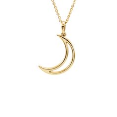 A timeless classic 16-inch necklace design fashioned from 14k yellow gold featuring an open crescent moon pendant and a 1mm width solid cable chain finished with a spring ring clasp. The pendant is approximately 12mm (7/16 inch) in width by 24mm (15/16 inch) in length, which includes the bail. Fine Gold Necklace, 16 Inch Necklace, Crescent Moon Pendant, Bow Jewelry, Necklace Design, Crescent Moon Necklace, Small Pendant, Shell Pendant, Jewelry Companies