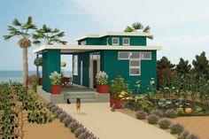 an artist's rendering of a house on the beach with plants and flowers around it