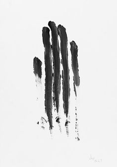 an abstract painting of blue paint streaks on white paper with black ink in the middle