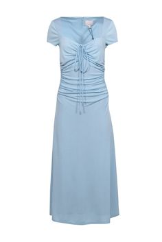 Current Boutique-Cinq a Sept - Blue Side Ruched Formal Dress Sz 8 Elegant Fitted Midi Dress With Drawstring, Chic Blue Dress With Gathered Waist, Blue Midi Dress With Gathered Waist, Light Blue Ruched Midi Evening Dress, Light Blue Ruched Midi Dress For Evening, Fitted Evening Dress With Drawstring, Elegant Fitted Dress With Drawstring, Light Blue Fitted Dress With Ruched Bodice, Fitted Light Blue Dress With Ruched Bodice