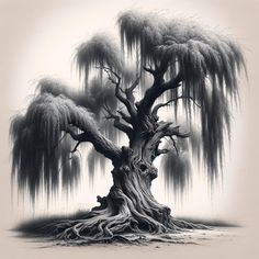 a drawing of a large tree with lots of leaves on it's branches and roots