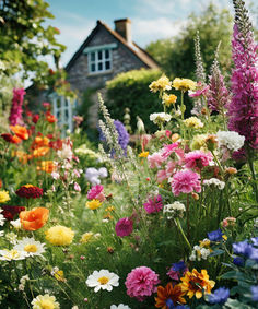 A vibrant cottage garden filled with a variety of colorful flowers in front of a quaint stone house, showcasing the beauty of lush garden blooms. Landscape Design Cottage, Country Garden Flower Beds, Pretty Gardens Aesthetic, Fairy Garden Vibes, Cottage Garden Photos, Wildflowers In Garden, Beautiful Cottage Gardens, Cottage With Flower Garden, Cottage Garden Walkway