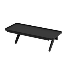 a black tray with two legs sitting on top of it, in front of a white background