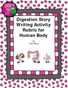 a pink and white book cover with hearts on the pages, which reads digest story writing activity rubric for human body